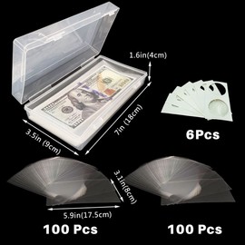 Smatagee 200 Pcs Clear Plastic Paper Money Sleeves Holder with Storage Box,Bill Protector Slab Holder for Currency, Money, Bill, Banknote, Stamp and 6 Pcs Cardboard Coin Holders 6 Sizes Coin Flips