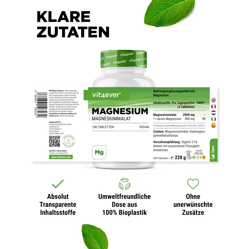 Magnesium Malate - 240 Tablets with 3000 mg Magnesium Malate