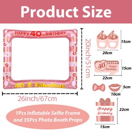 36 Pieces Inflatable Photo Booth Frame and Props Rose Gold 40th Birthday Decoration Women Photo Box Accessories 40th Birthday Rose Gold 40th Inflatable Selfie Frame for 40th Birthday Party Supplies