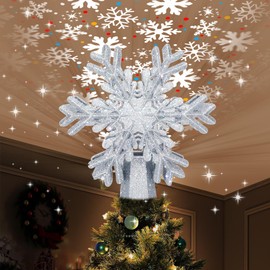 AOMIL Christmas Tree Topper, 3D Rotating Silver Snowflake Pattern Projector for Xmas Tree Topper, Hollow Design Christmas Decorations, Christmas Decor