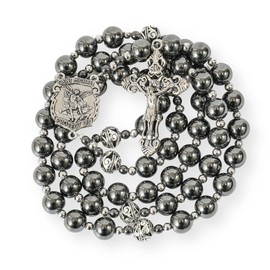 Nazareth Store Hematite Stone Beads Rosary Necklace with Metal Mystery Beads St. Michael Medal & Silver Cross Rosary for Men and Women