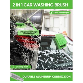 2 in 1 Car Wash Brush with Squeegee PBT Soft Bristle Truck Scrub Detail Brush 60” 151cm with Adjustable Long Handle for Interior Exterior Car Truck RV Boat Deck House Siding Cleaning Sweep Snow