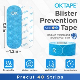 OK TAPE Blister Prevention Tape, 40 Pcs, Moleskin for Blisters, No-Residue Blister Bandages for Feet & Body, Heel Patches, 1.2in X 3.5in Precut Strips - Blue