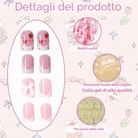 96 unghie finte da incollare per adolescenti, graziosi fiocchi, unghie finte da incollare, con pellicole in gel, design per unghie per adolescenti, feste, matrimoni, ragazze (rosa)