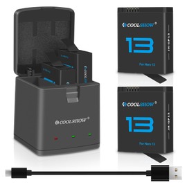 COOLSHOW 2 Packs HERO13 Battery Charger Kit for HERO13 Enduro Rechargeable Battery 2100mAh and 3 Channel HERO13 Battery Charger Battery Storage Box Design Compatible with GoPro HERO13 Black