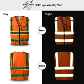 High Visibility Reflective Safety Vest With 10 Multi-Functional Pockets + 2 Mic Straps, Meet ANSI/ISEA 107-2020 Standards, Type R Class 2 Safety Vest(Neon Orange Yellow Strips-Mesh Back,2X-Large)