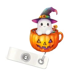 Cute Ghost Badge Reel Halloween Acrylic Badge Holder Retractable Clip Devil Pumpkin Designs ID Card Holder Halloween Theme Decorative Badge Holders for Nurses Doctors Social Worker Accessories