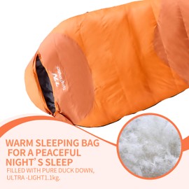 TsingTsingNest Sleeping Bag 3 Season 20F Fill 21 Ounces of Duck Down 650Fill Power Duck Down Sleeping Bag Ultralight Camping Backpacking Gear Equipment Traveling Campers and Outdoors Orange Large