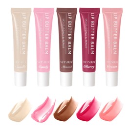 5Pcs Lip Butter Balm, Tinted Hydrating Lip Gloss Instant Nourishing Lip Mask, Non-Sticky Shine, Vegan Lip Care Oil for Dry Lips