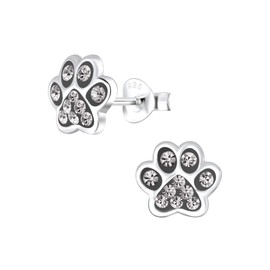 Paw Print Earrings - Sterling Silver with Smokey Grey Sparkly Crystal Stones