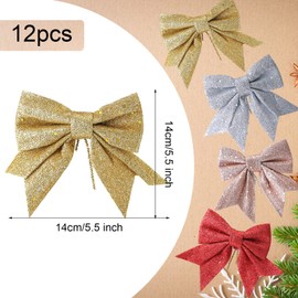 YUNSTK 12pcs Glitter Christmas Bows, Gold Bows for Christmas Tree, 5.5in Wreaths Bows Xmas Bow Decorations, Sequin Bow Ties Gold Christmas Bows for Xmas Tree Wreaths Garland Gift Wrapping Decor