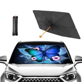 Blue Monarch Butterfly Car Windshield Umbrella,Large Size Windshield Sun Shade Umbrella for Front Windows,UV Rays and Heat Sun Visor Protector Foldable Reflector Sun Shield Fits Most Vans SUVs