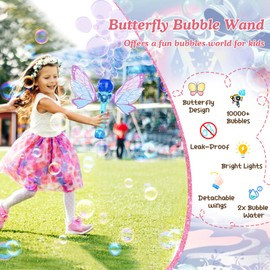 Bombble Butterfly Bubble Wand for Kids Automatic Bubble Machine with Light/Solution/10000+ Bubbles/Removable Wings Summer Bubble Maker Toys for Girls Birthday Gift Parties Outdoor Wedding