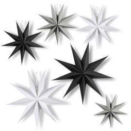 HOVIBU Pack of 6 Paper Stars Christmas, Christmas Folding Star 30 cm x 3 + 45 cm x 2 + 25 cm x 1, 9 Prong Paper Stars for Hanging for Christmas Decoration, Table Decoration, Wedding, Room (Black,