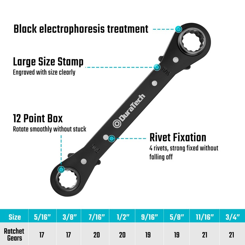 DURATECH 4-in-1 Reversible Ratcheting Wrench Set, Double Box End Wrench