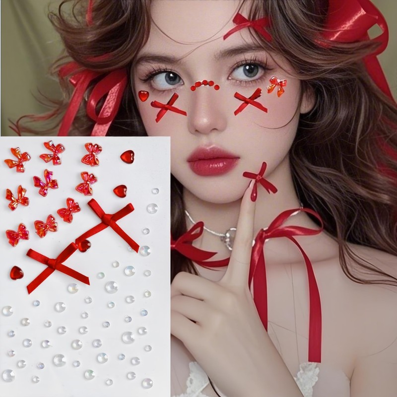 Cute Bow Rhinestone Tattoo Stickers for Makeup, Ribbon Heart Face