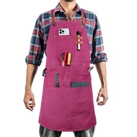 ROLOSI Work Aprons for Men Women with 9 Pockets Chef Apron 14oz Cotton Canvas Cross Back Aprons Heavy Duty Apron Pink Tool Apron for Woodworkers Kitchen Cooking Apron Waterproof Apron Size M to XXL
