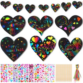 120 Pieces Valentines Day Decoration Scratch Paper for Kids Rainbow Paper Art Set with 3D Stickers Scratch Sticks Ribbons Valentines Crafts for School Class Kids Gifts