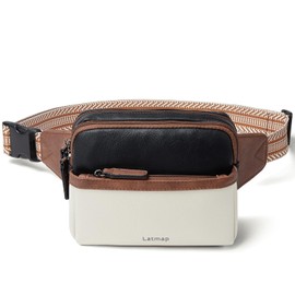 LATMAP 3L Fanny Pack Crossbody Bags for Women Men 4-Zipper Pockets Belt Bag Sling Waist Pack Faux Leather Chest Bag Purse, Black and Beige With Brown