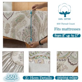 Zusbest Gold Boho Sheets Queen Size 100% Cotton Luxury Beige Paisley Bed Sheet Set Damask Printed Modern Brown Percale Sheets Soft Deep Pocket Fitted Sheet 17.5'', 4 Pcs