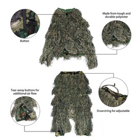 Goetland 5pcs Camo 3D Ghillie Suit Kit Camouflage Clothing Woodland Forest Tactical