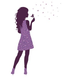 Girly - Kids Girls Bedroom Easy to Apply Vinyl Art Purple Themed Girl Silhouette Blowing Flower Petals Decoration Colorful Floral Dress Outfit Design Adhesive Home Living Room Wall Decal 7" x 10"