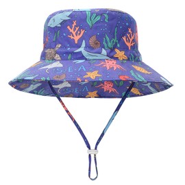 Durio Sun Hat Baby UV Hat Children with Wide Brim Summer Hat Adjustable Foldable with Ties and Neck Protection, blue seabed