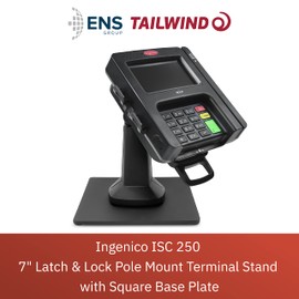 ENS Tailwind Ingenico ISC 250 7" Latch and Lock Flexipole Plus Pole Mount Terminal Stand with Square Freestanding Mobility Base Plate, Black