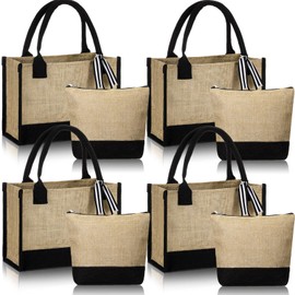 Sweetude 4 Set Jute Burlap Tote Bag with Canvas Makeup Pouch Reusable DIY Craft Blank Gift Bags for Wedding Bridesmaid(Black)