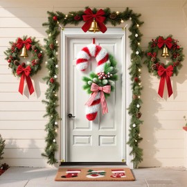 Cmialusie Candy Cane Wreath Christmas Door Banner 71x35 Polyester Porch Entrance Decor