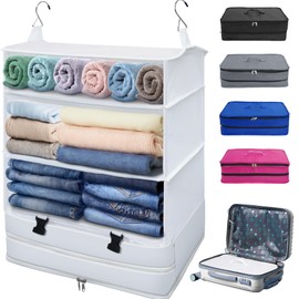 Lilyfantasy Portable Hanging Travel Shelves Bag, Travel Packing Cube Organizer, X-Large Capacity Carry-On Closet, Foldable Suitcase Storage with 4 Compartments (White)