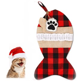 Cat Christmas Stockings, EYLEER Christmas Kitten Cat Stockings Red Plaid Fish Shape Hanging Christmas Stocking Candy Treat Bag for Kitten Cat Christmas Decorations Gift