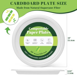 125PCS 10Inch Paper Plates, Heavy Duty Disposable Plates, Compostable Plates, Sugarcane Dinner Plate, Biodegradable Sugarcane Bagasse, Eco-Friendly For Everyday Breakfast, Lunch or Family Dinner Meals