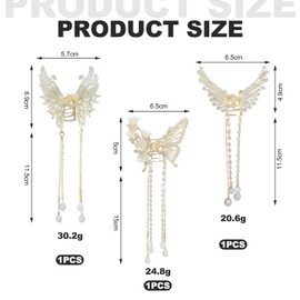 Pack of 3 Butterfly Hair Clips Butterfly Gold Metal with Fringe Hair Clips Tassel Hair Clip Elegant Pearl Rhinestone Hair Clip for Women and Girls