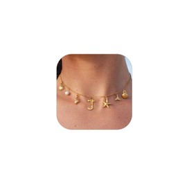 SLOONG Initial Charm Necklace 14K Gold Plated Letter Neckalce Freshwater Pearl Necklace Choker Boho Summer Seashell Beach Starfish Surfer Jewelry Gifts for Women J