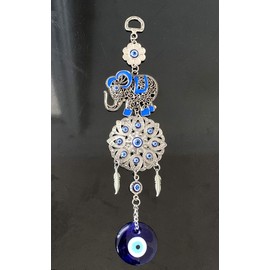 Turkish Blue Evil Eye with Lucky Elephant Wall Hanging Decor Amulet (Silver Blue)