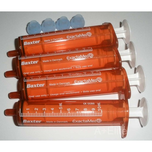 BAXA ExactaMed Oral Liquid Medication Syringe 10cc/10mL 4/PK Amber Medicine Dose Dispenser with Cap Exacta-Med Baxter Comar Latex Free