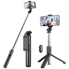 Selfie Stick Tripod, 35" Extension, Bluetooth Camera Remote, Attached Fill Light