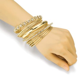 Ensoul Shiny Gold Color Twisted Multiple Metal Bracelets & Bangles Set For Women 12Pcs/Set W/Clear Rhinestones