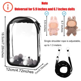 Tinoaly Clear Figure Display Case, Protective Case for Plush Doll Storage Bag Holder Portable Crossbody PVC Hanging Doll Cover Pouch with Keychain for 15cm/17cm Dolls Accessories (Black)