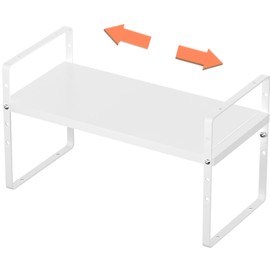 Slideep Expandable Cabinet Shelf 16.54'' to 27.17'', Stackable Cupboard Stand Spice Rack Kitchen Bathroom Pantry Cupboard Home Office for Cups, Dishes, Plates, Seasoning Bottles -White