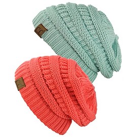 C.C Trendy Warm Chunky Soft Stretch Cable Knit Beanie Skully, 2 Pack Mint/Coral