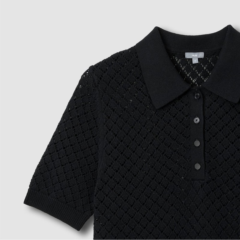 JAJU Women's Crochet Collar Short Sleeve Knit_Black