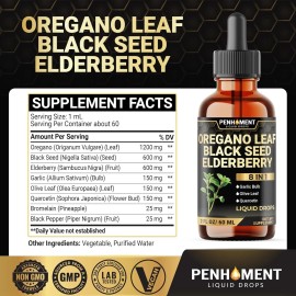 Penhoment 8in1 Oregano Oil Liquid Drops with Black Seed Oil, Elderberry, Garlic, Olive...