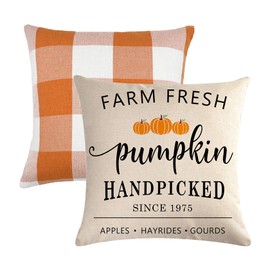 7COLORROOM Set of 2 Orange and White Buffalo Check Plaid Throw Pillow Covers Farmhouse Decor Autumn Harvest Pumpkin Cushion Cover Thanksgiving Home Pillowcases 18 Inches x Inches, 21-YTXNGGZ