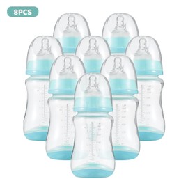 Baby Bottles with Silicone Nipple & Storage Cover Breastfeeding Bottles for Baby Food Grade PP Milk Storage Bottles 240ml Capacity Baby Feeding Bottles Baby Essentials, Green & Pack of 8