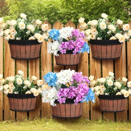 Layhit 6 Pcs Wall Hanging Planters Outdoor Pot Planter Wine Barrel Planter Distressed Oak Thickened Plastic Water Storage Flower Pots for Flower Indoor Outdoor(12 Inches, 10 Inches,Brown)