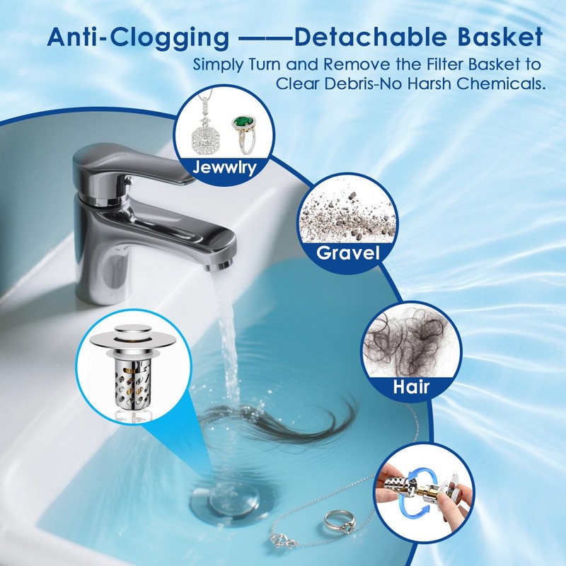 Bathroom Sink Stopper with Hair Catcher, Universal Pop-Up Drain Strainer