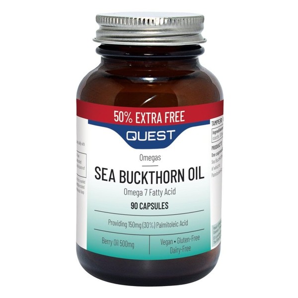 Quest Sea Buckthorn Oil Omega 3, 6 & 7, Berry Oil & Palmitoleic Acid Supplements. Supports Skin & Eye Health Plus Post Menopause Dryness. Vegan Omega Anti-Inflammatory Supplement Tablets (90 Capsules)