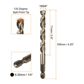 sourcing map 10pcs 1/4" Hex Shank Drill Bit 19/64" Gold Oxide M35 High Speed Steel Twist Drill Bit 135 Degree Split Point Tip Drilling Tool with Quick Change Hex Shank for Metal Wood Plastic